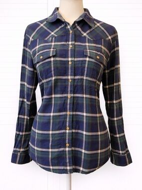 JACHS Girlfriend Plaid Flannel Shirt Blue Green Button Up Soft Cabincore Large